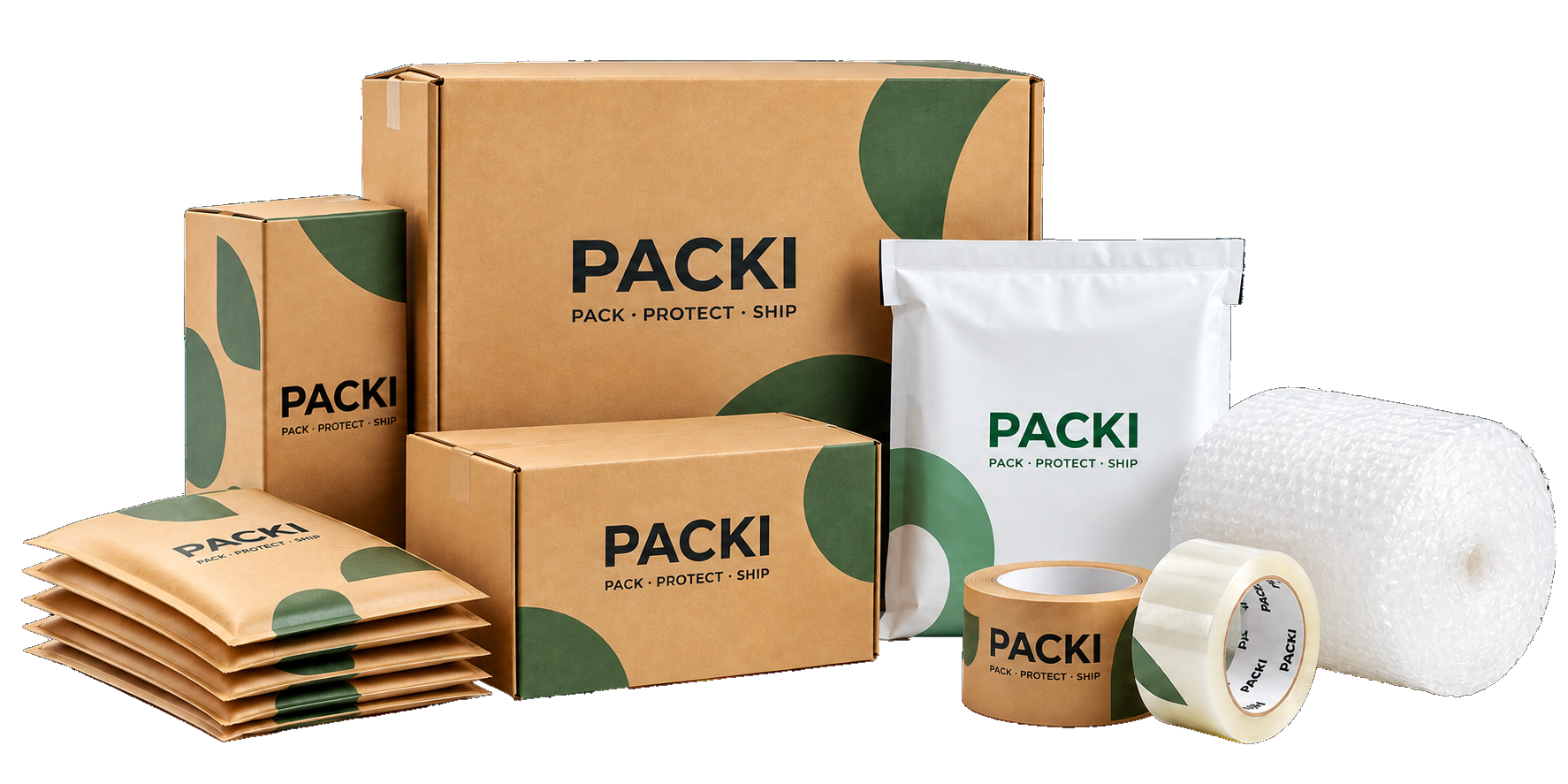 PACKI custom branded packaging collection with boxes, mailers, and tape