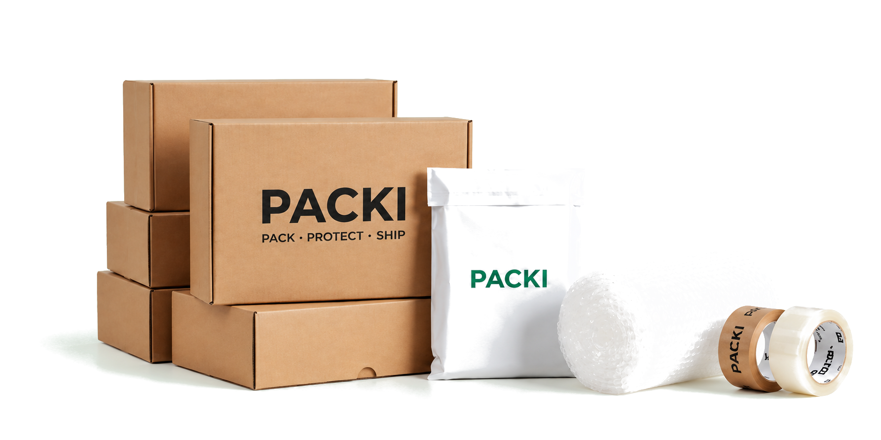 PACKI cardboard shipping boxes, white mailer, bubble wrap and packing tapes